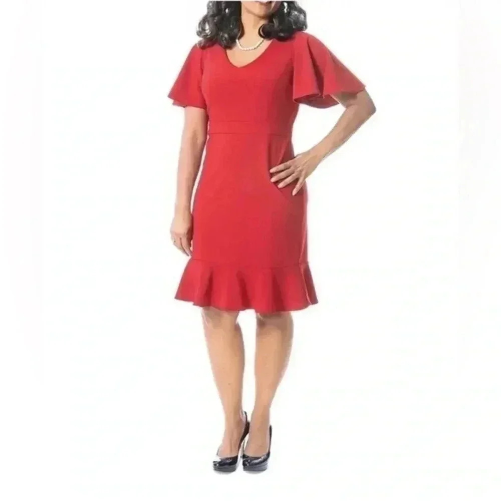 Kasper | Red Wine Fit & Flare Silhouette Ruffle Hem Cocktail Midi Dress Size XXL